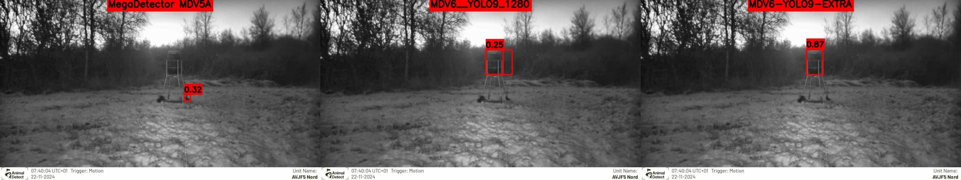 Example of how MDV5 finds a tiny bird while the MDV6 gets false positives